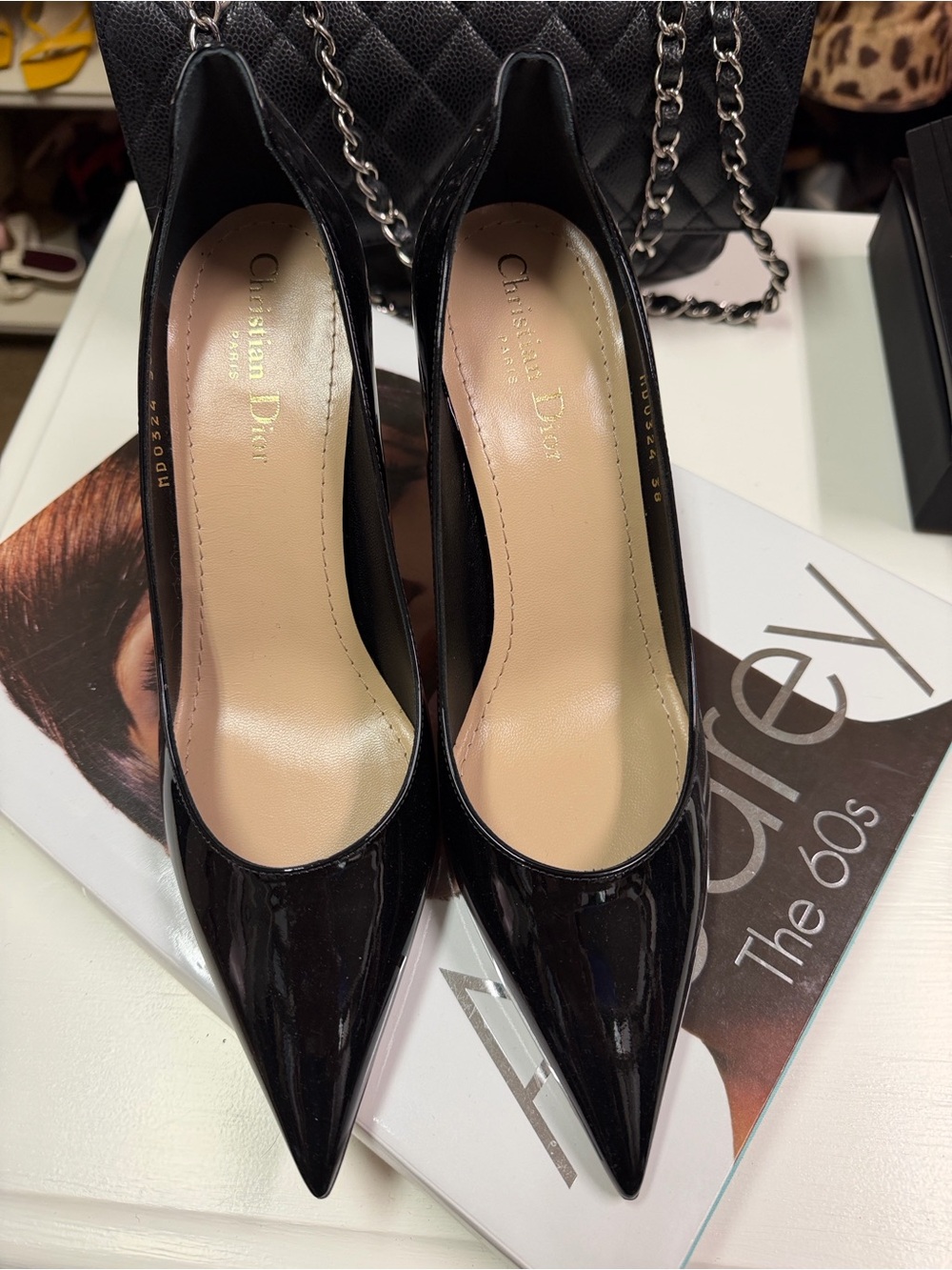 Dior Black Patent Pointed-Toe Pumps pearl heel so elegant !!! new !!!